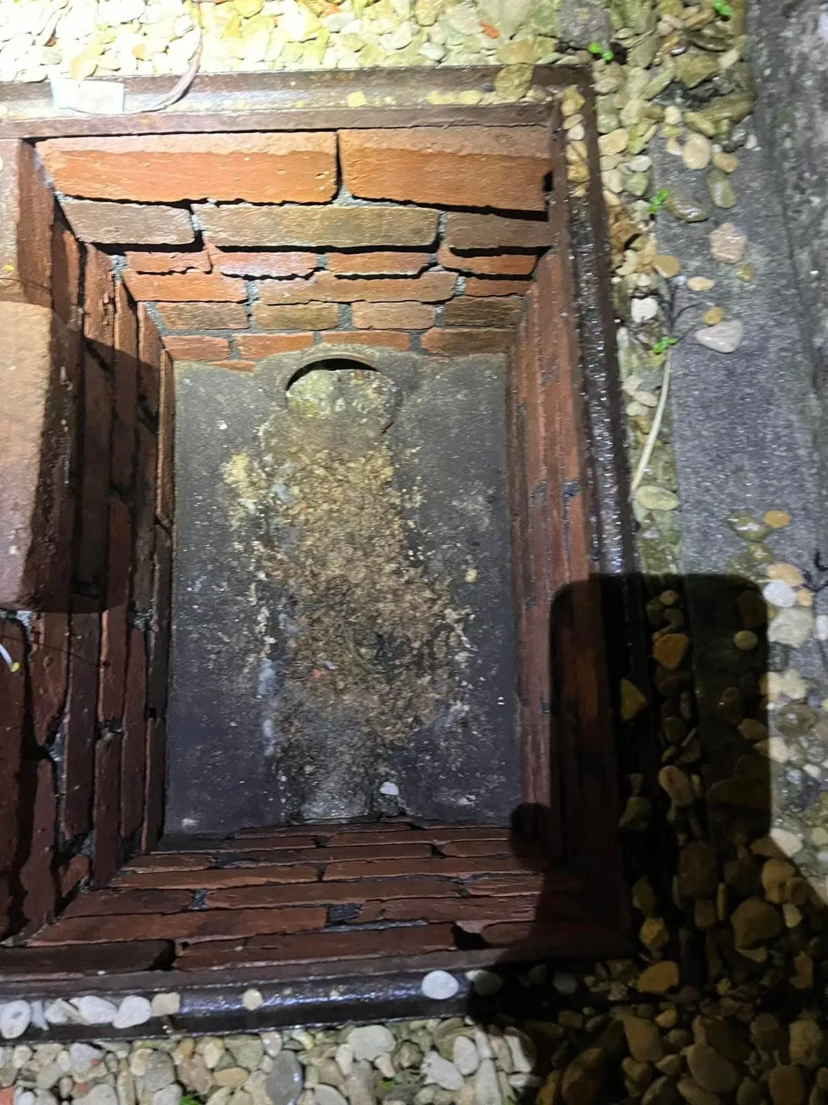 Blocked drain inspection chamber with debris.